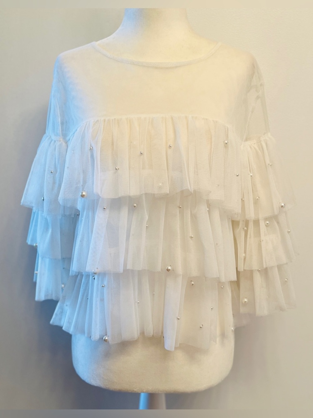 Voila, white pearl beaded, tiered tulle top. Size Small.